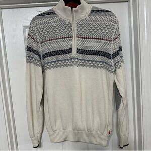 Izod Quarter Zip Elbow Patch Ivory Gray Sweater Men’s Size M 100% Cotton